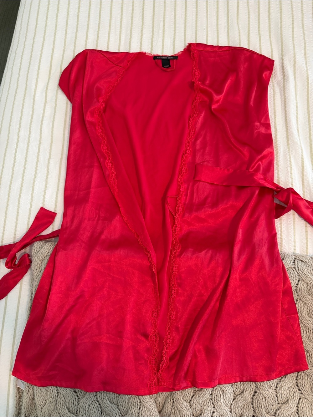 Victoria's Secret Red Satin Lace-Trim Robe